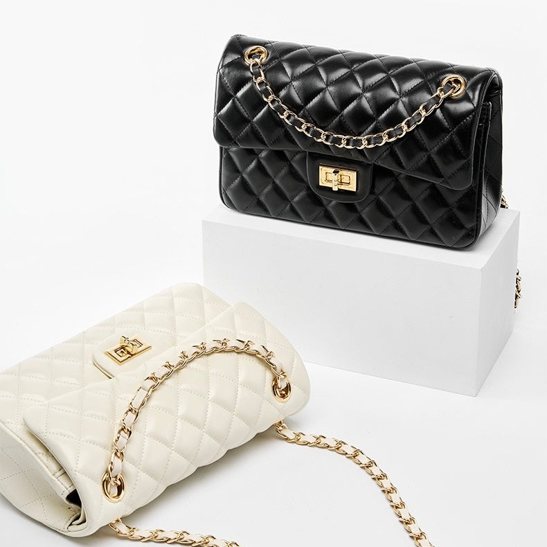 Women's Genuine Leather Quilted Chain Shoulder Crossbody Bag