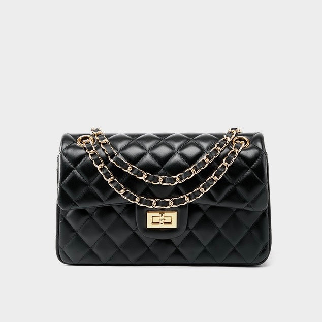 Women's Genuine Leather Quilted Chain Shoulder Crossbody Bag