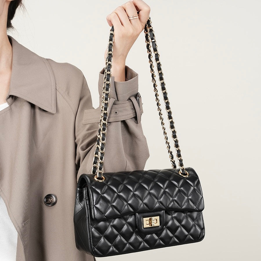 Women's Genuine Leather Quilted Chain Shoulder Crossbody Bag