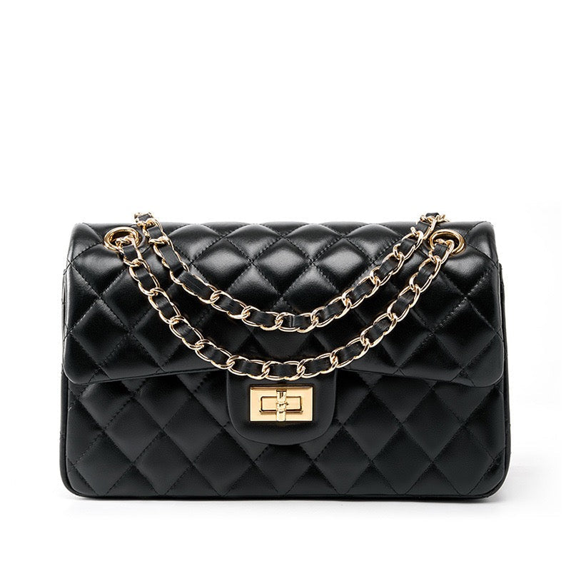 Women's Genuine Leather Quilted Chain Shoulder Crossbody Bag