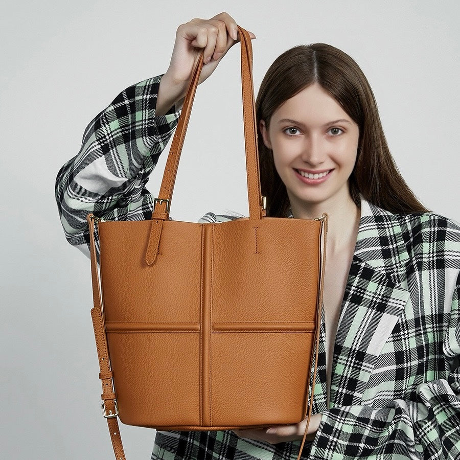 Women's Genuine Leather Commuter Tote Bag with Inner Pouch