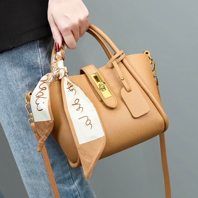 Women's Genuine Leather Petite Basket Top Handle Bag with Adjustable Strap