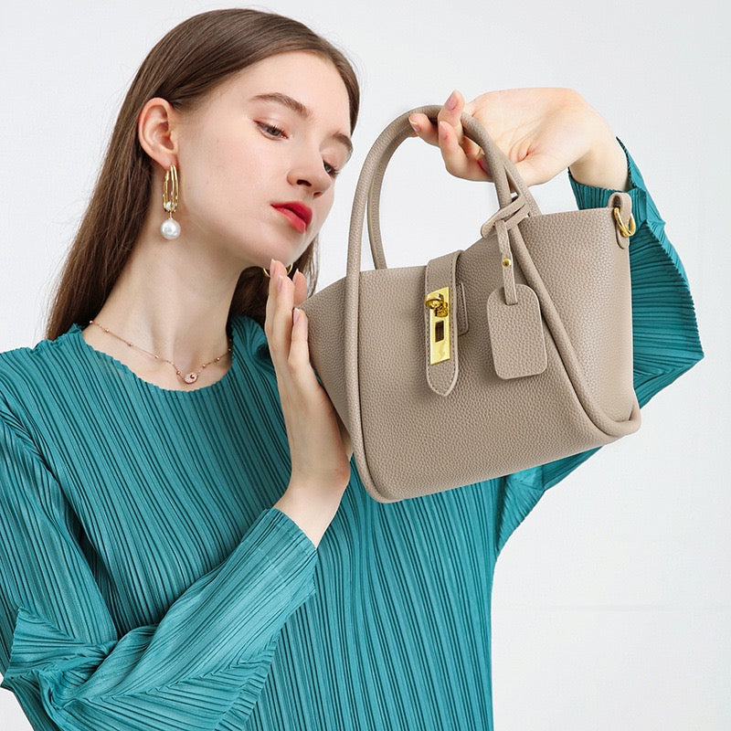 Women's Genuine Leather Petite Basket Top Handle Bag with Adjustable Strap