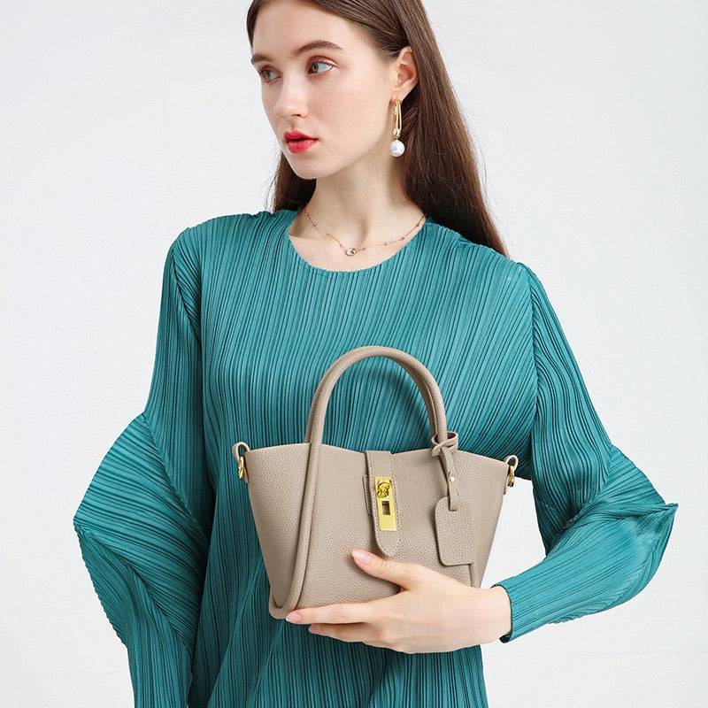 Women's Genuine Leather Petite Basket Top Handle Bag with Adjustable Strap