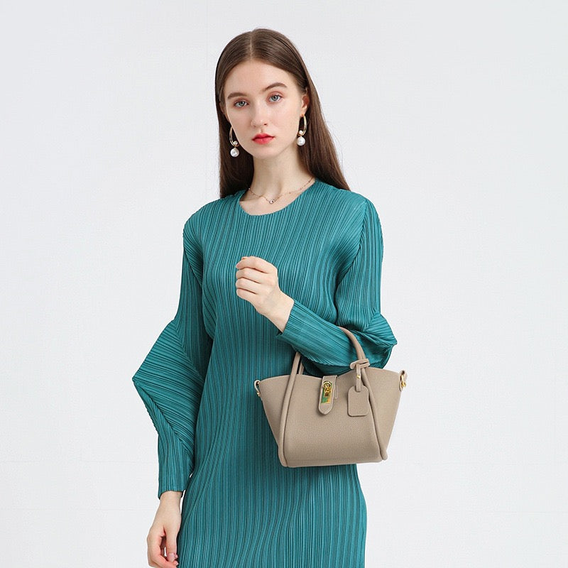 Women's Genuine Leather Petite Basket Top Handle Bag with Adjustable Strap