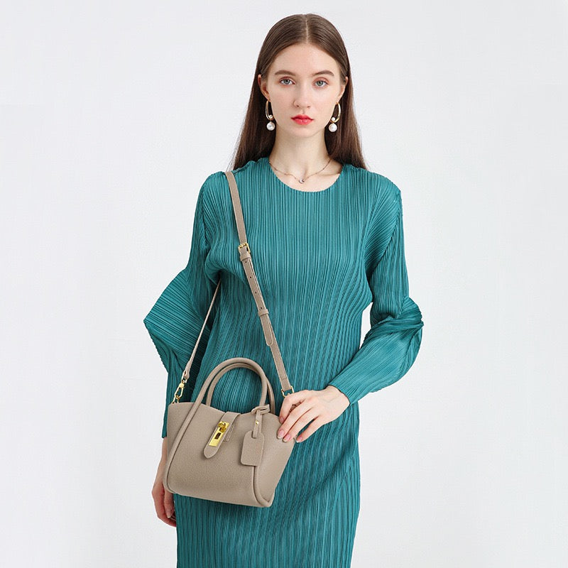 Women's Genuine Leather Petite Basket Top Handle Bag with Adjustable Strap