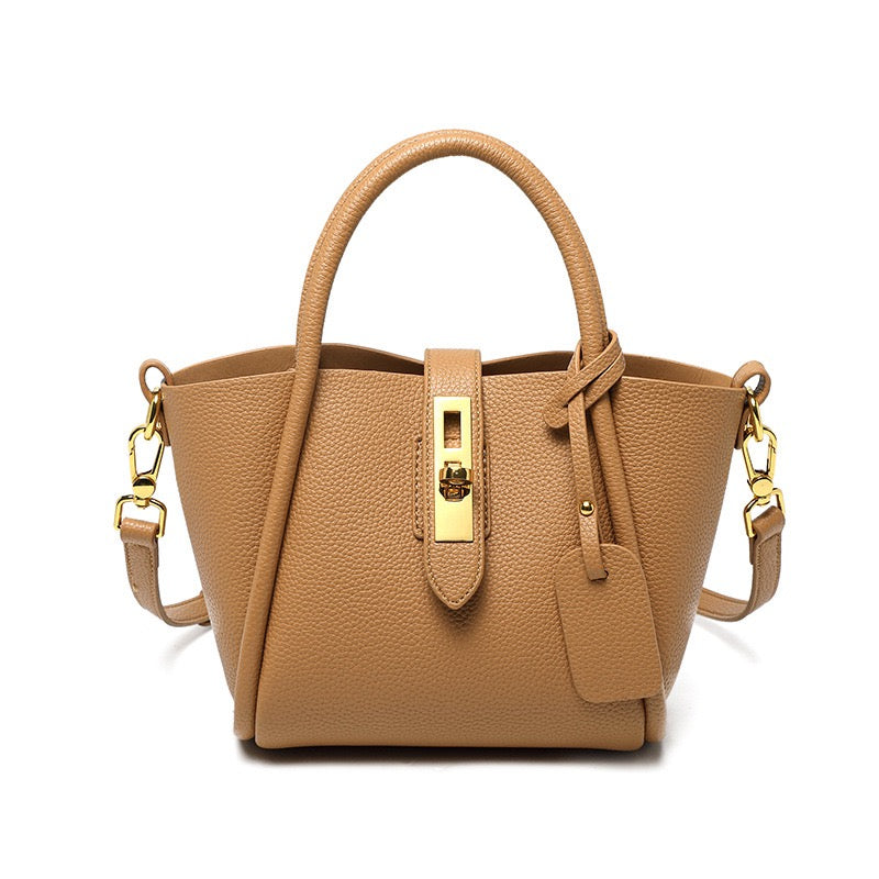 Women's Genuine Leather Petite Basket Top Handle Bag with Adjustable Strap