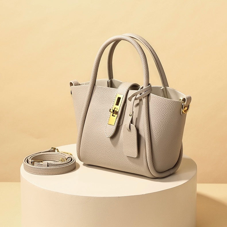 Women's Genuine Leather Petite Basket Top Handle Bag with Adjustable Strap