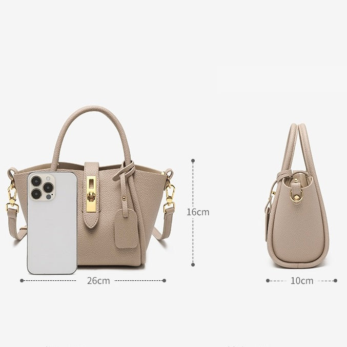 Women's Genuine Leather Petite Basket Top Handle Bag with Adjustable Strap