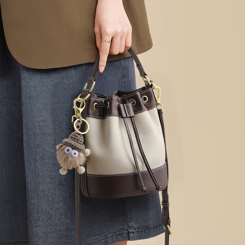 Women's Genuine Leather Colorblock Pendant Bucket Crossbody Bag