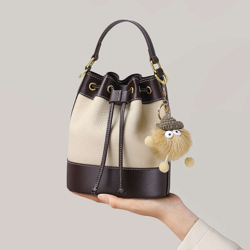 Women's Genuine Leather Colorblock Pendant Bucket Crossbody Bag