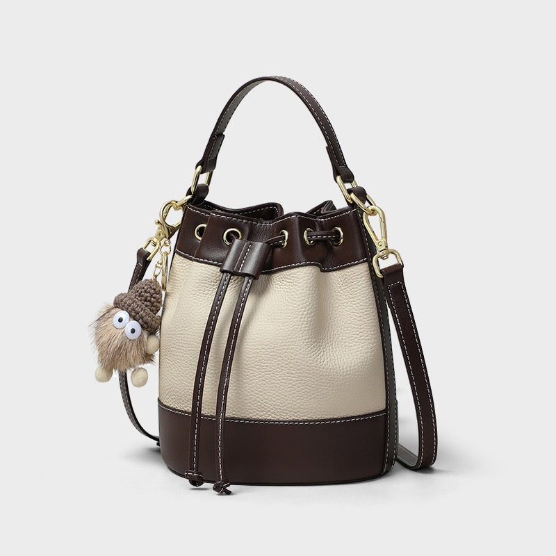 Women's Genuine Leather Colorblock Pendant Bucket Crossbody Bag