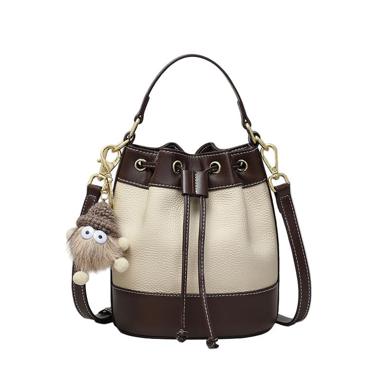 Women's Genuine Leather Colorblock Pendant Bucket Crossbody Bag