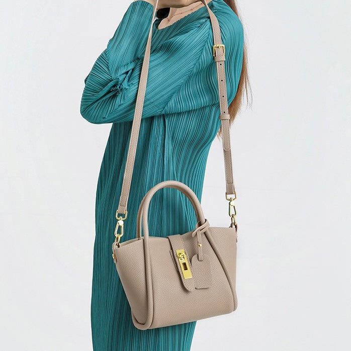 Women's Genuine Leather Petite Basket Top Handle Bag with Adjustable Strap