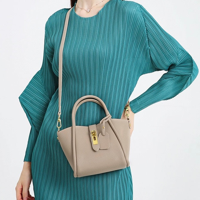 Women's Genuine Leather Petite Basket Top Handle Bag with Adjustable Strap