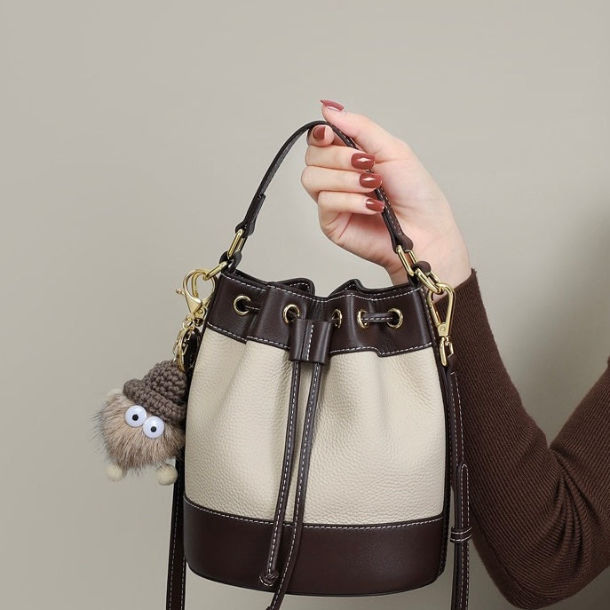 Women's Genuine Leather Colorblock Pendant Bucket Crossbody Bag