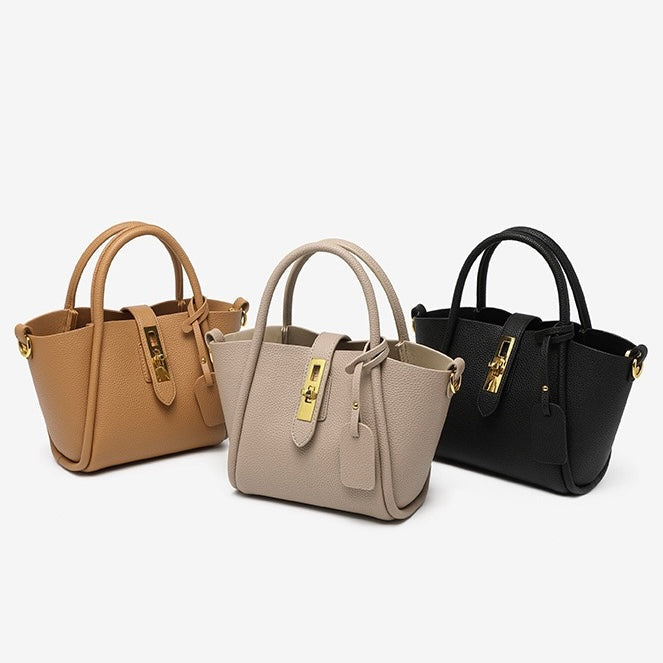 Women's Genuine Leather Petite Basket Top Handle Bag with Adjustable Strap