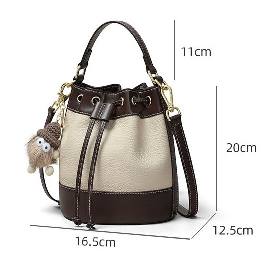 Women's Genuine Leather Colorblock Pendant Bucket Crossbody Bag