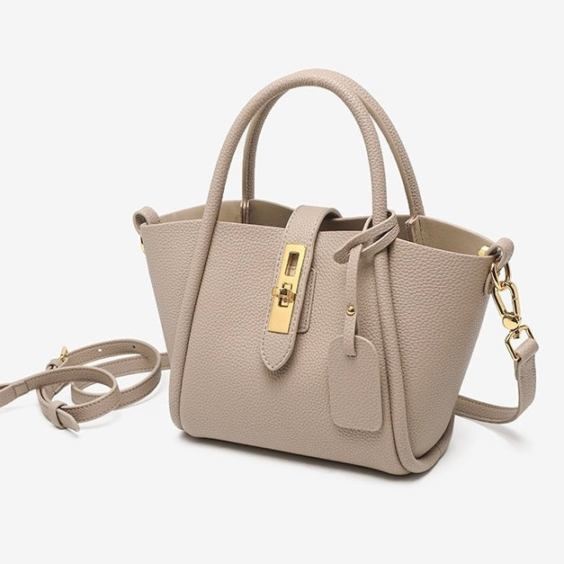 Women's Genuine Leather Petite Basket Top Handle Bag with Adjustable Strap