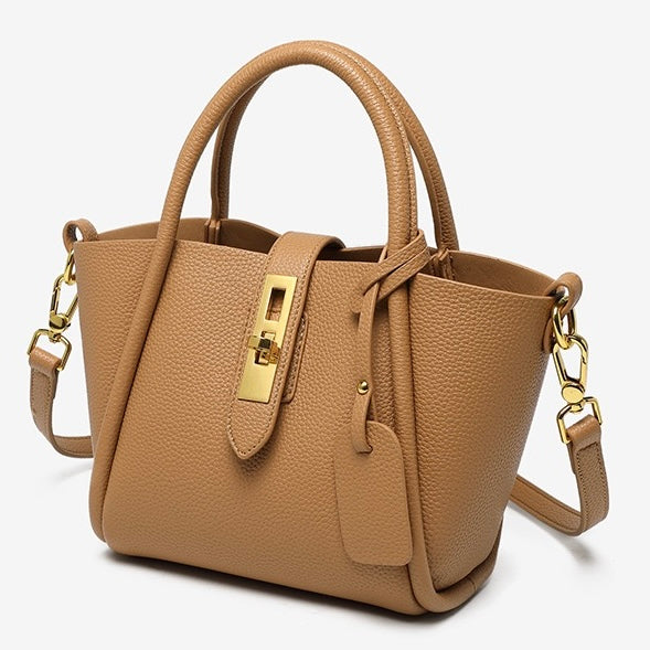 Women's Genuine Leather Petite Basket Top Handle Bag with Adjustable Strap