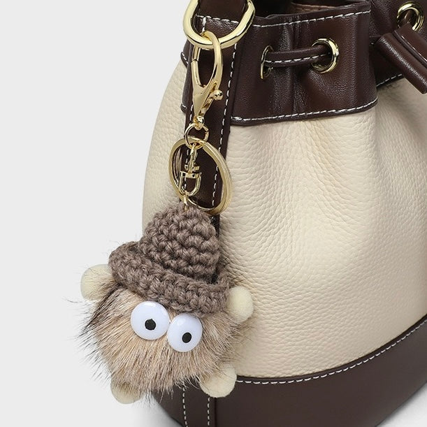 Women's Genuine Leather Colorblock Pendant Bucket Crossbody Bag