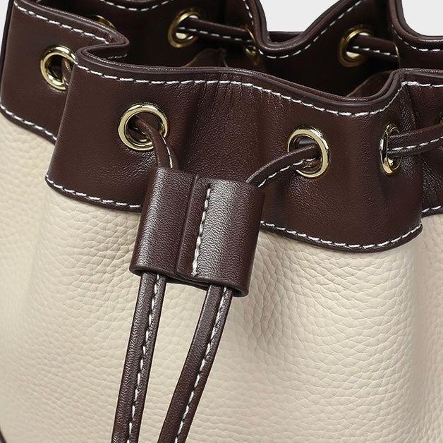 Women's Genuine Leather Colorblock Pendant Bucket Crossbody Bag