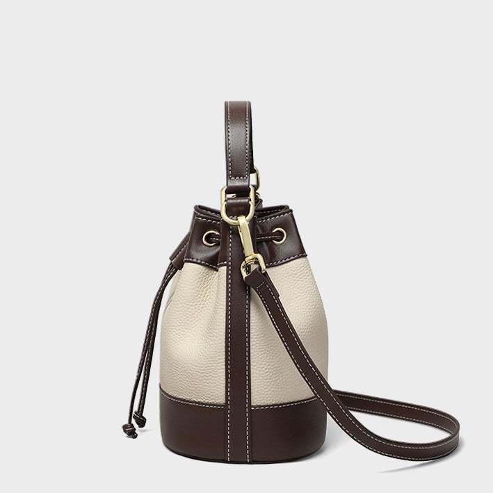 Women's Genuine Leather Colorblock Pendant Bucket Crossbody Bag