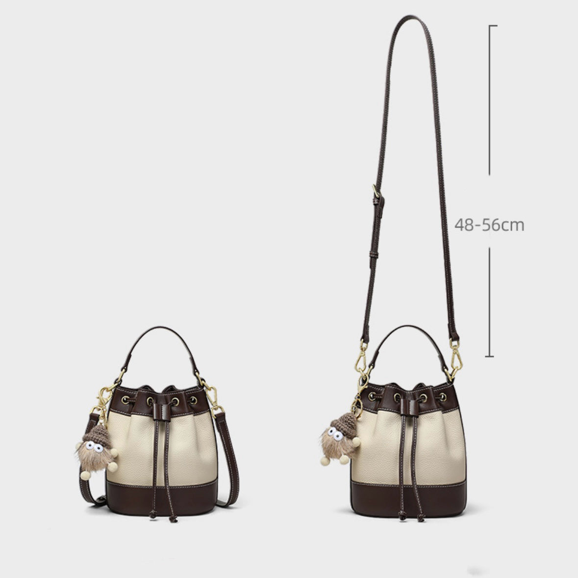 Women's Genuine Leather Colorblock Pendant Bucket Crossbody Bag