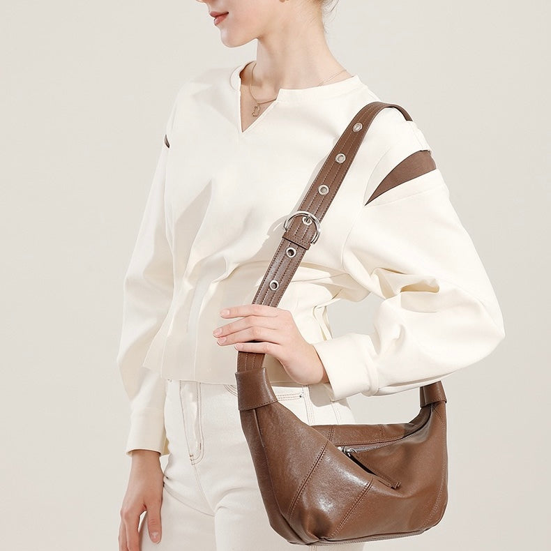 Women's Genuine Leather Croissant Crossbody Shoulder Bag
