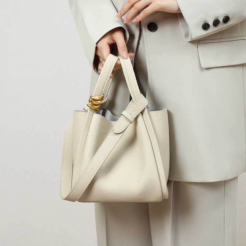 Women's Genuine Leather Mini Crossbody Bucket Bag with Inner Pouch