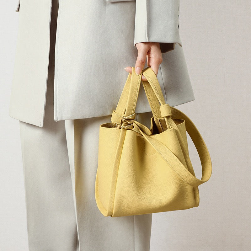 Women's Genuine Leather Mini Crossbody Bucket Bag with Inner Pouch