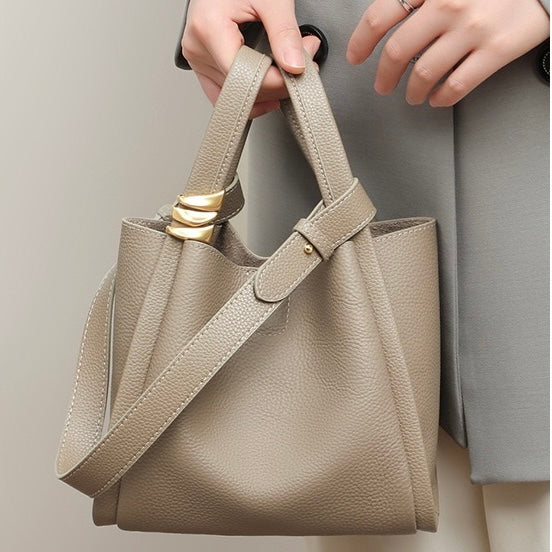 Women's Genuine Leather Mini Crossbody Bucket Bag with Inner Pouch