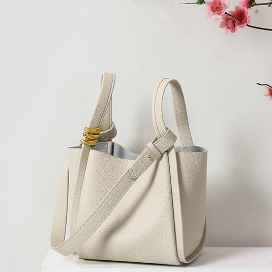 Women's Genuine Leather Mini Crossbody Bucket Bag with Inner Pouch