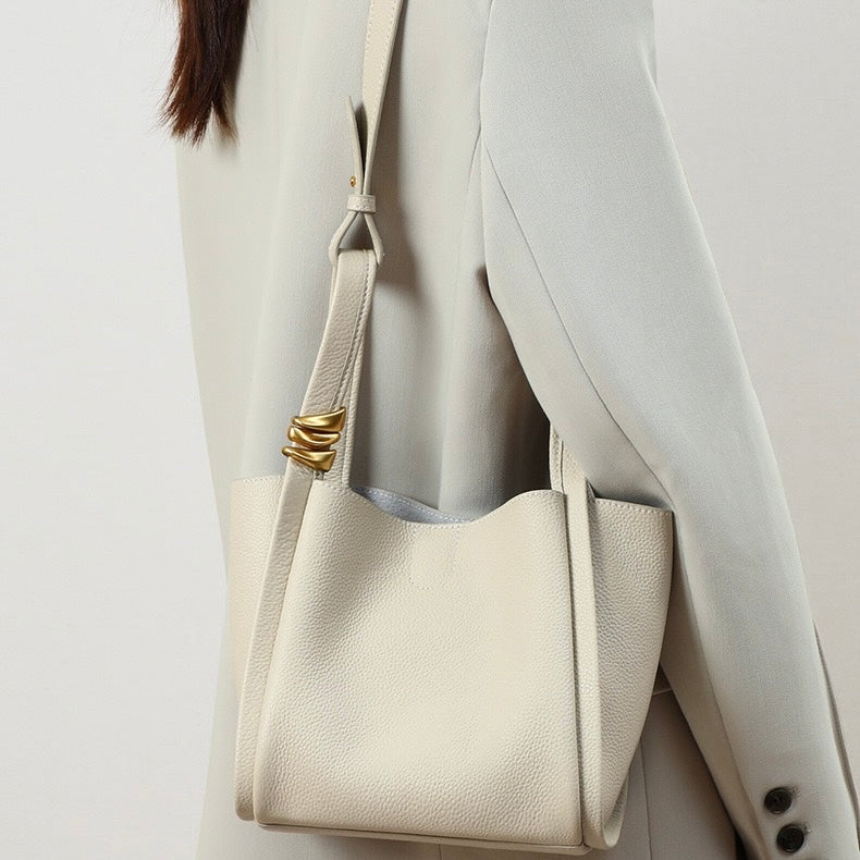 Women's Genuine Leather Mini Crossbody Bucket Bag with Inner Pouch
