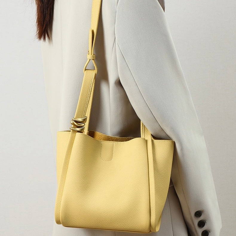 Women's Genuine Leather Mini Crossbody Bucket Bag with Inner Pouch