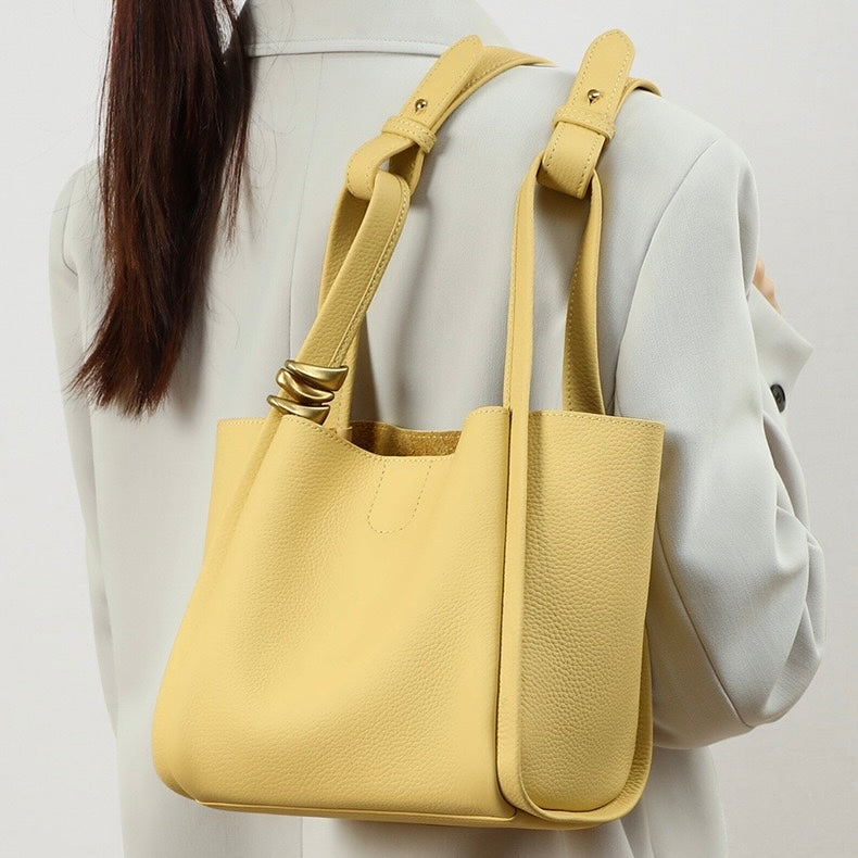 Women's Genuine Leather Mini Crossbody Bucket Bag with Inner Pouch