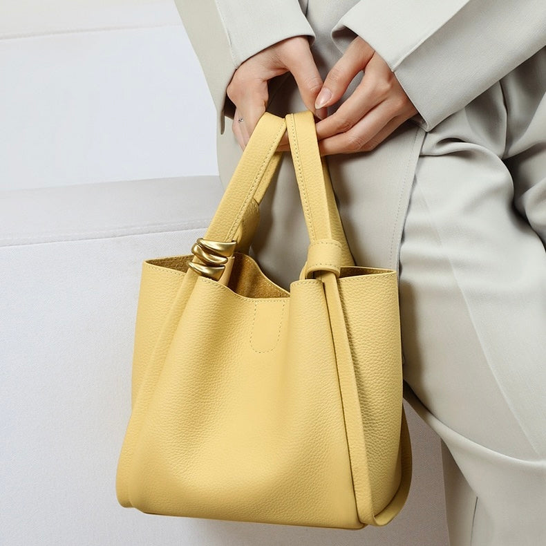 Women's Genuine Leather Mini Crossbody Bucket Bag with Inner Pouch