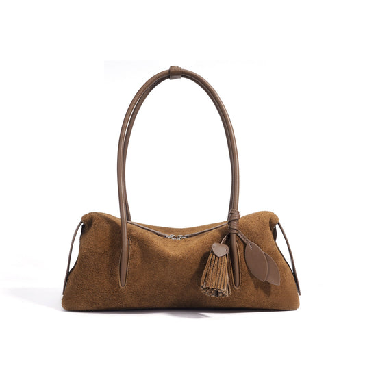 Women's Genuine Leather Matte Pillow Shoulder Bag with Tassel