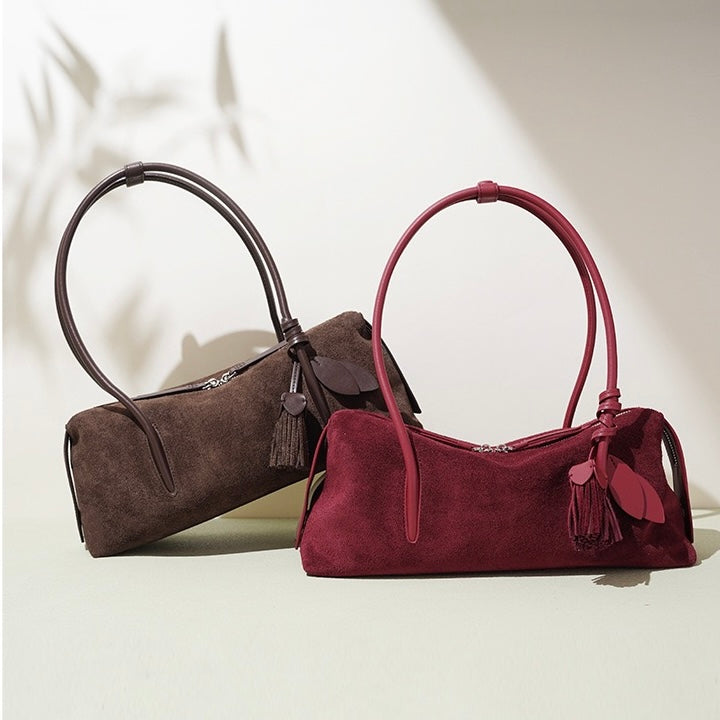Women's Genuine Leather Matte Pillow Shoulder Bag with Tassel