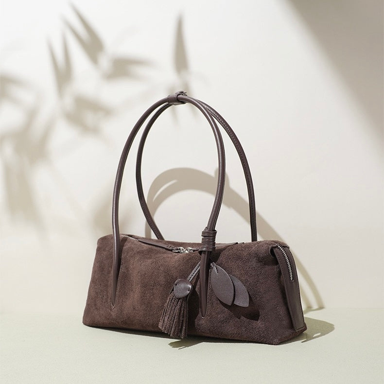 Women's Genuine Leather Matte Pillow Shoulder Bag with Tassel