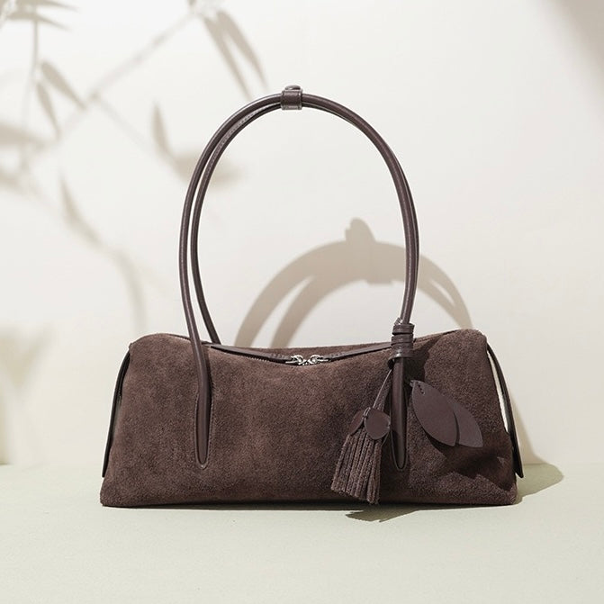 Women's Genuine Leather Matte Pillow Shoulder Bag with Tassel