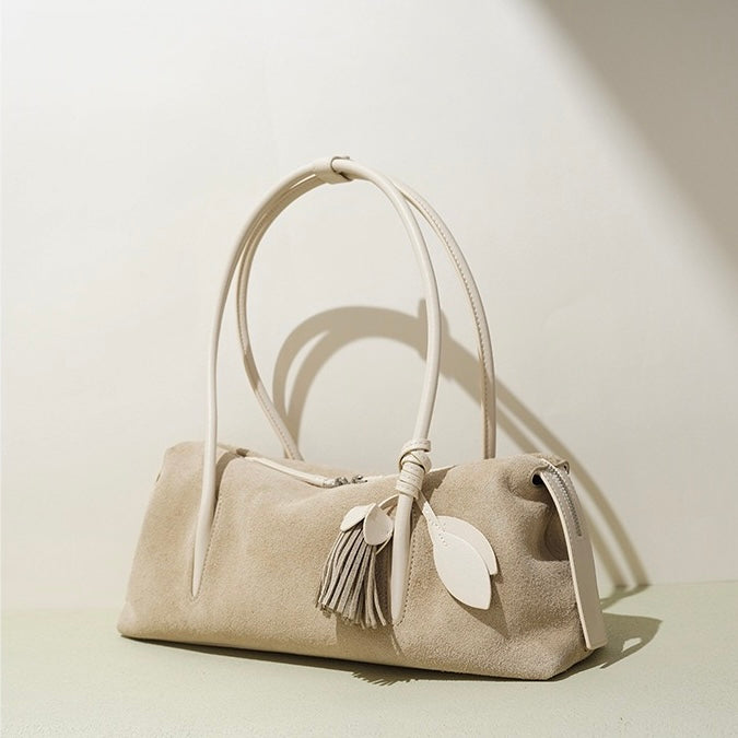 Women's Genuine Leather Matte Pillow Shoulder Bag with Tassel