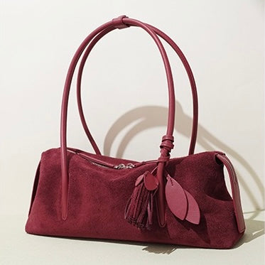 Women's Genuine Leather Matte Pillow Shoulder Bag with Tassel