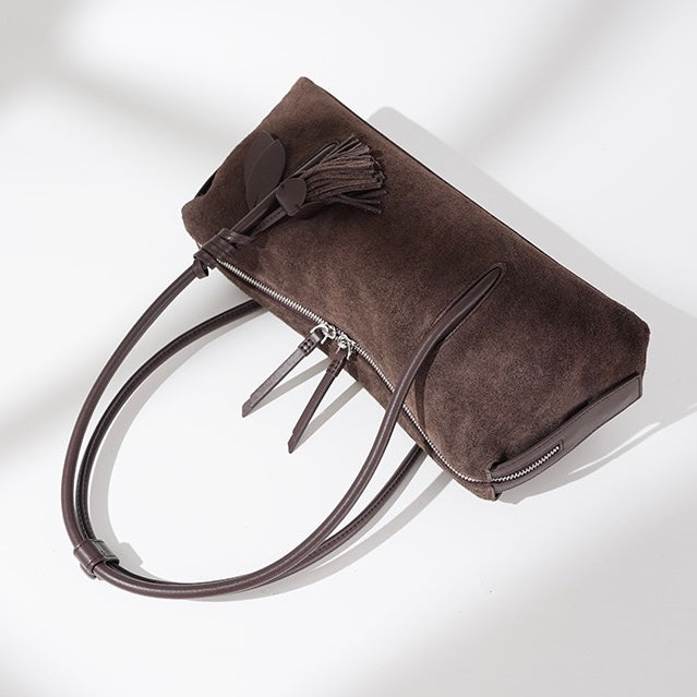 Women's Genuine Leather Matte Pillow Shoulder Bag with Tassel