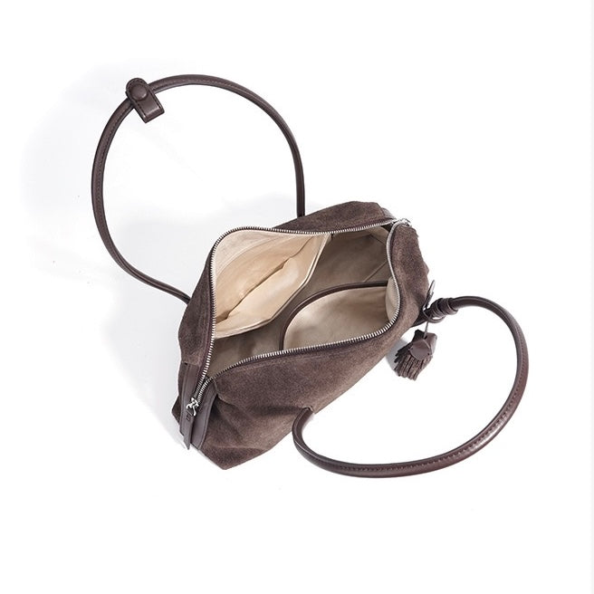 Women's Genuine Leather Matte Pillow Shoulder Bag with Tassel