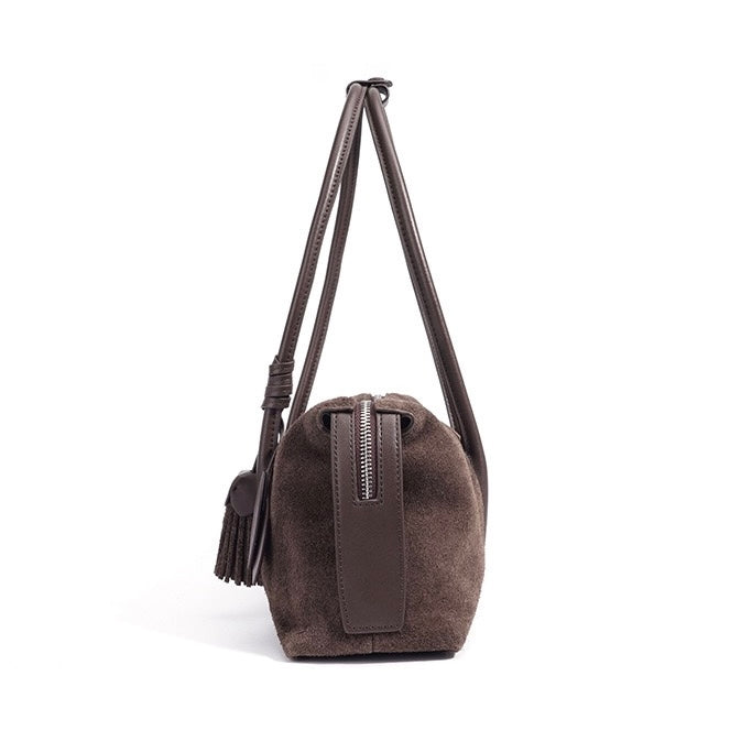 Women's Genuine Leather Matte Pillow Shoulder Bag with Tassel
