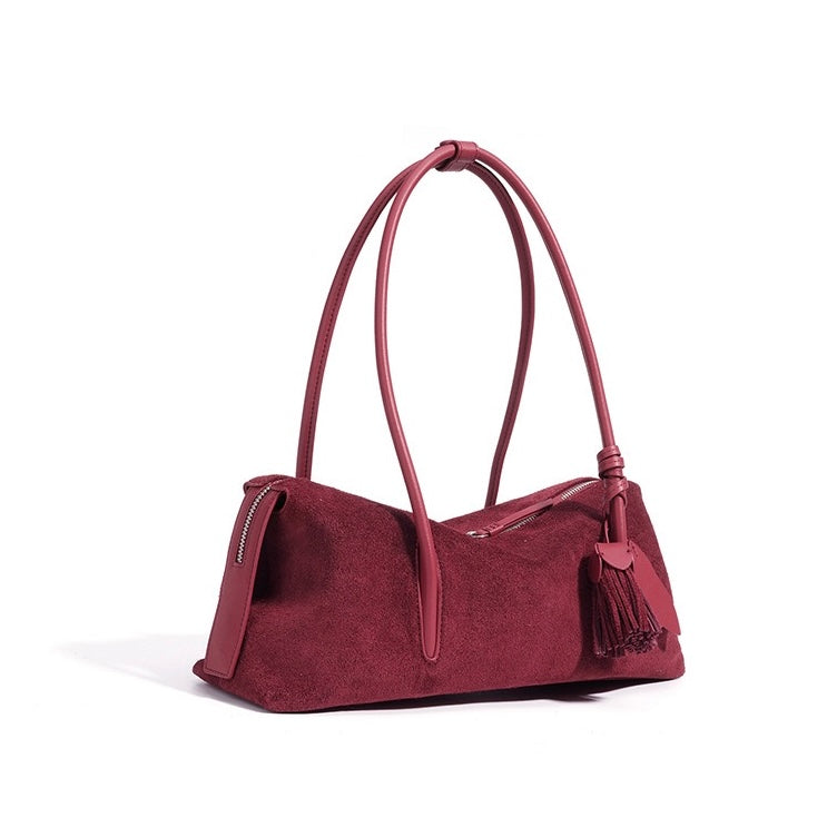 Women's Genuine Leather Matte Pillow Shoulder Bag with Tassel