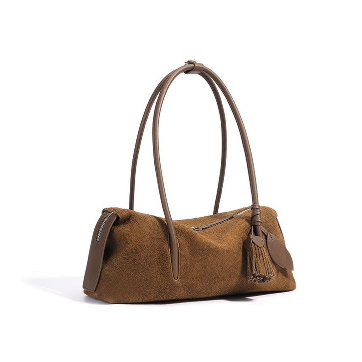 Women's Genuine Leather Matte Pillow Shoulder Bag with Tassel