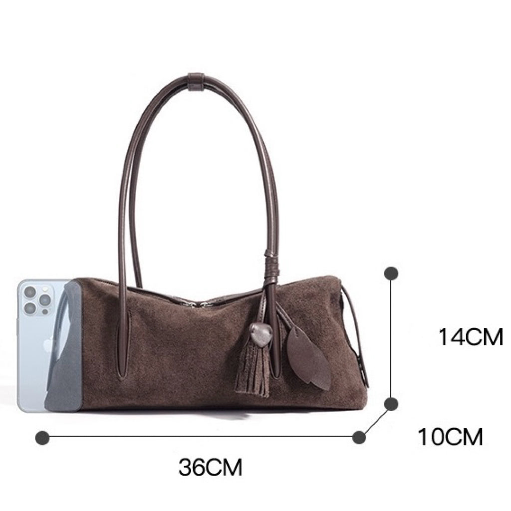 Women's Genuine Leather Matte Pillow Shoulder Bag with Tassel
