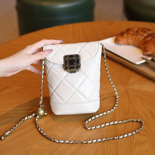 Women's Genuine Leather Quilted Mini Phone Bag with Gold Ball Chain